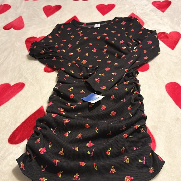 Abound Nordstrom black floral ribbed dress ruched sides NWT - Picture 3 of 10